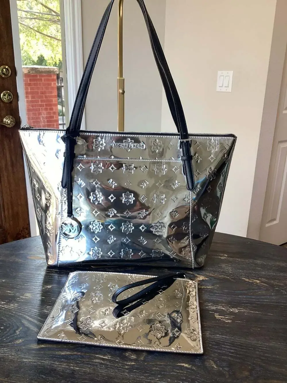 Michael Kors Ciara Zip Top Silver Mirror Embossed Tote with Matching Wristlet